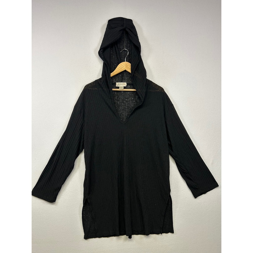 J Valdi Sheer Ribbed Knit Grunge Boho Womens Large Black Hooded Coverup Top